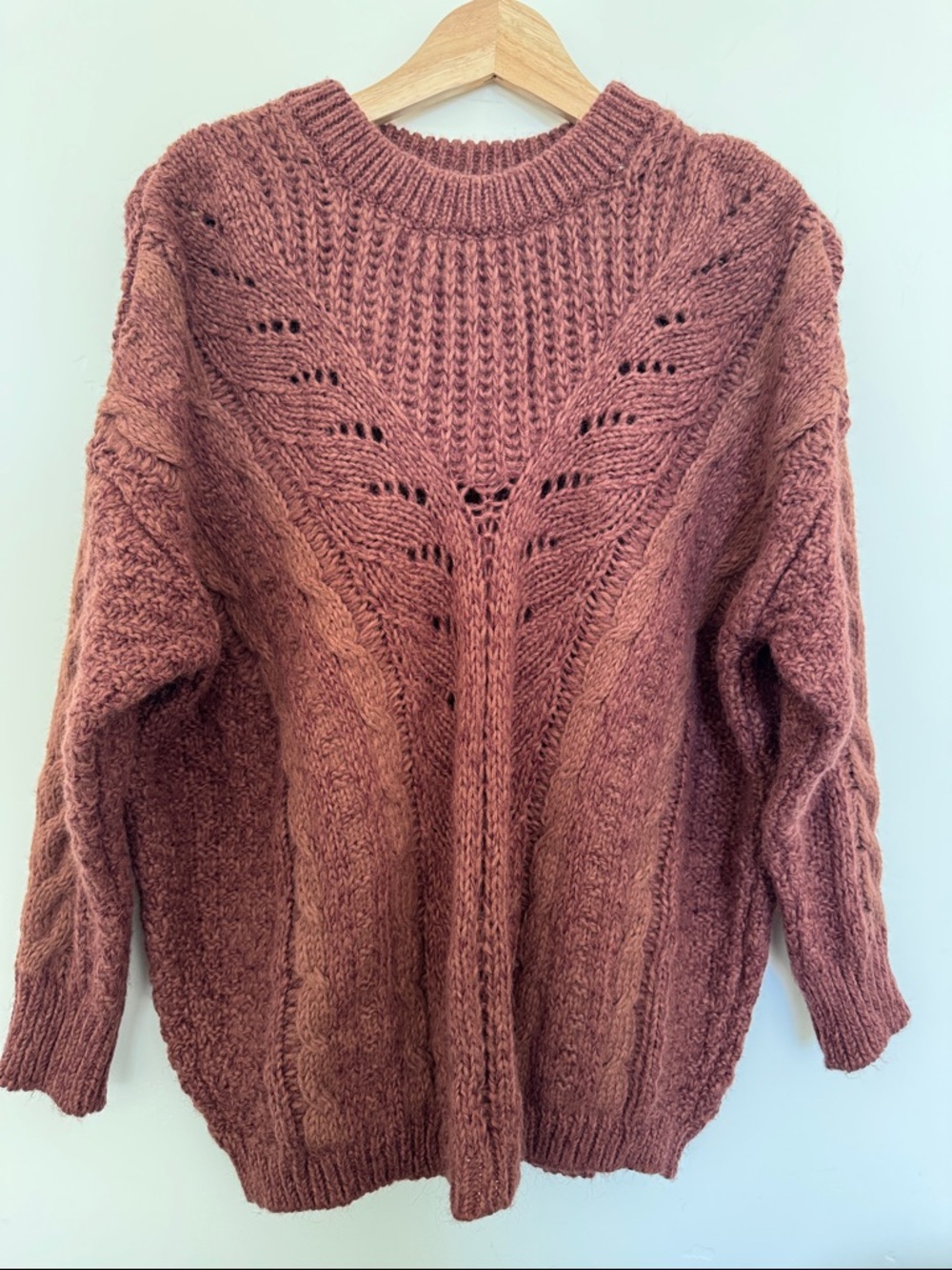 Ecote Urban Outfitters Dusty Rose Cable Knit Crewneck Sweater